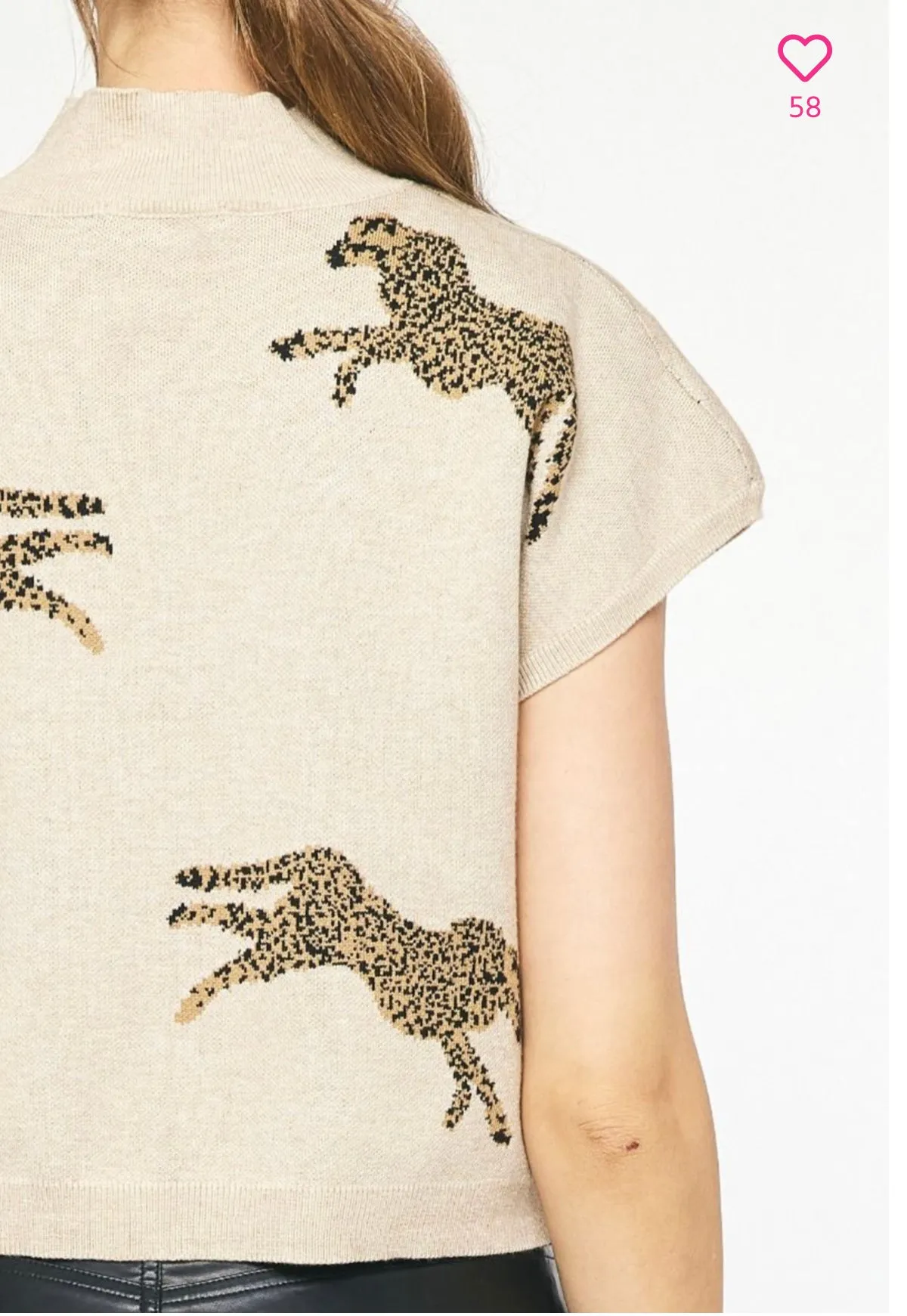 Mock neck short sleeve sweater with Leopard print