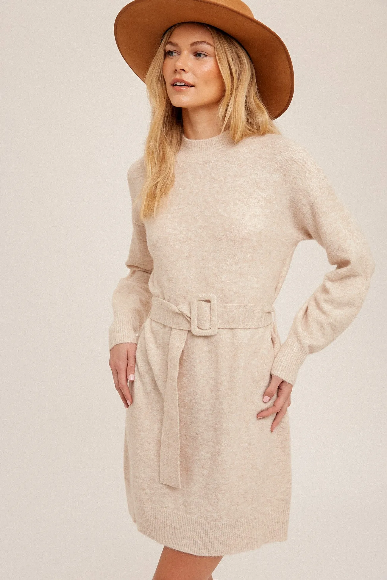 Mockneck Belted Sweater Dress