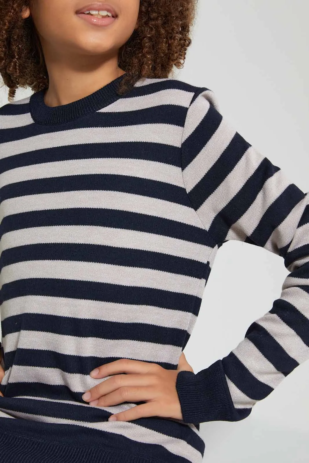 Navy And Beige Striped Pullover