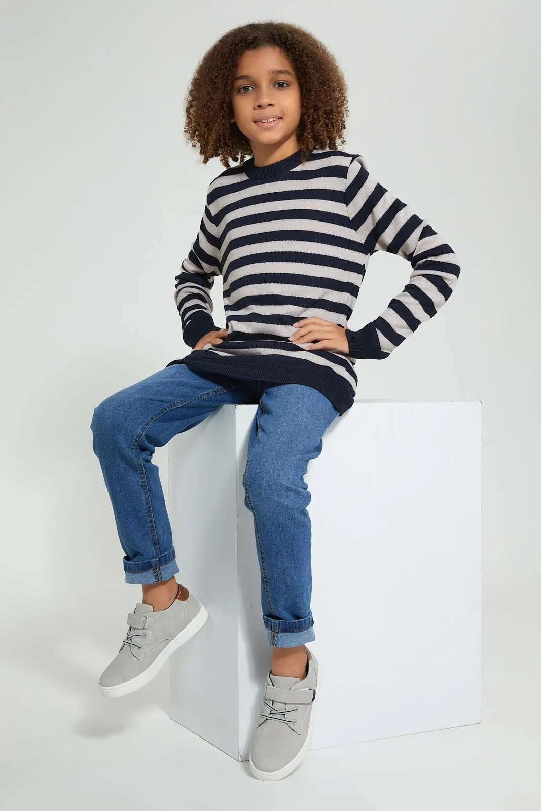 Navy And Beige Striped Pullover