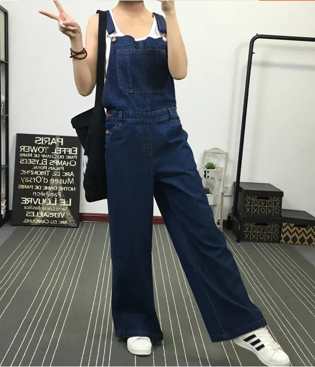 Navy Blue Denim Casual Spring Denim Overall Women Jumpsuits QY11