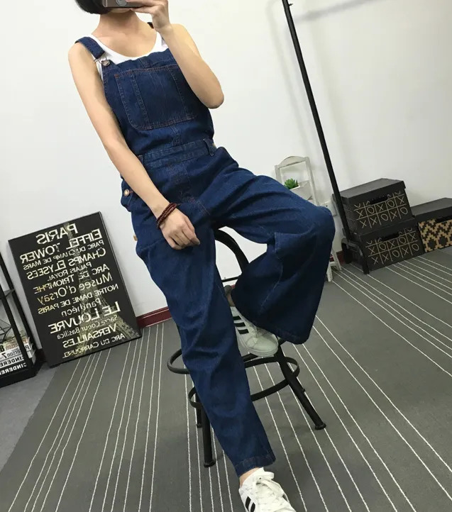 Navy Blue Denim Casual Spring Denim Overall Women Jumpsuits QY11