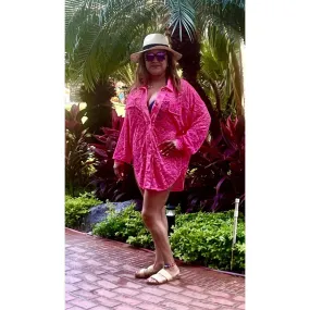 Neon Pink Button Down Lace Shacket Shirt