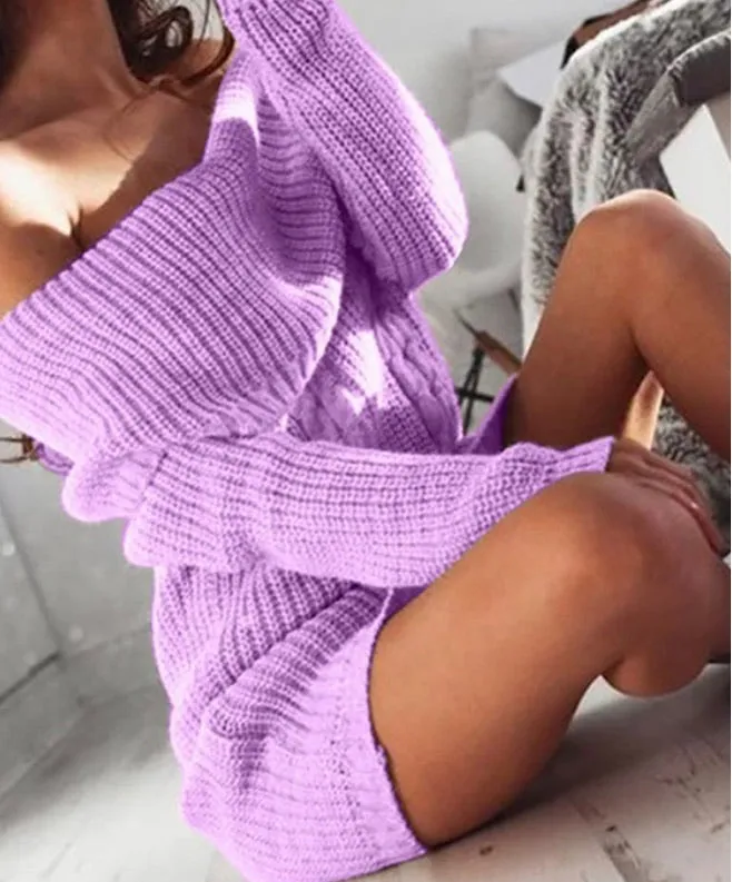 Off Shoulder Knit Long Sleeve Sweater Dress