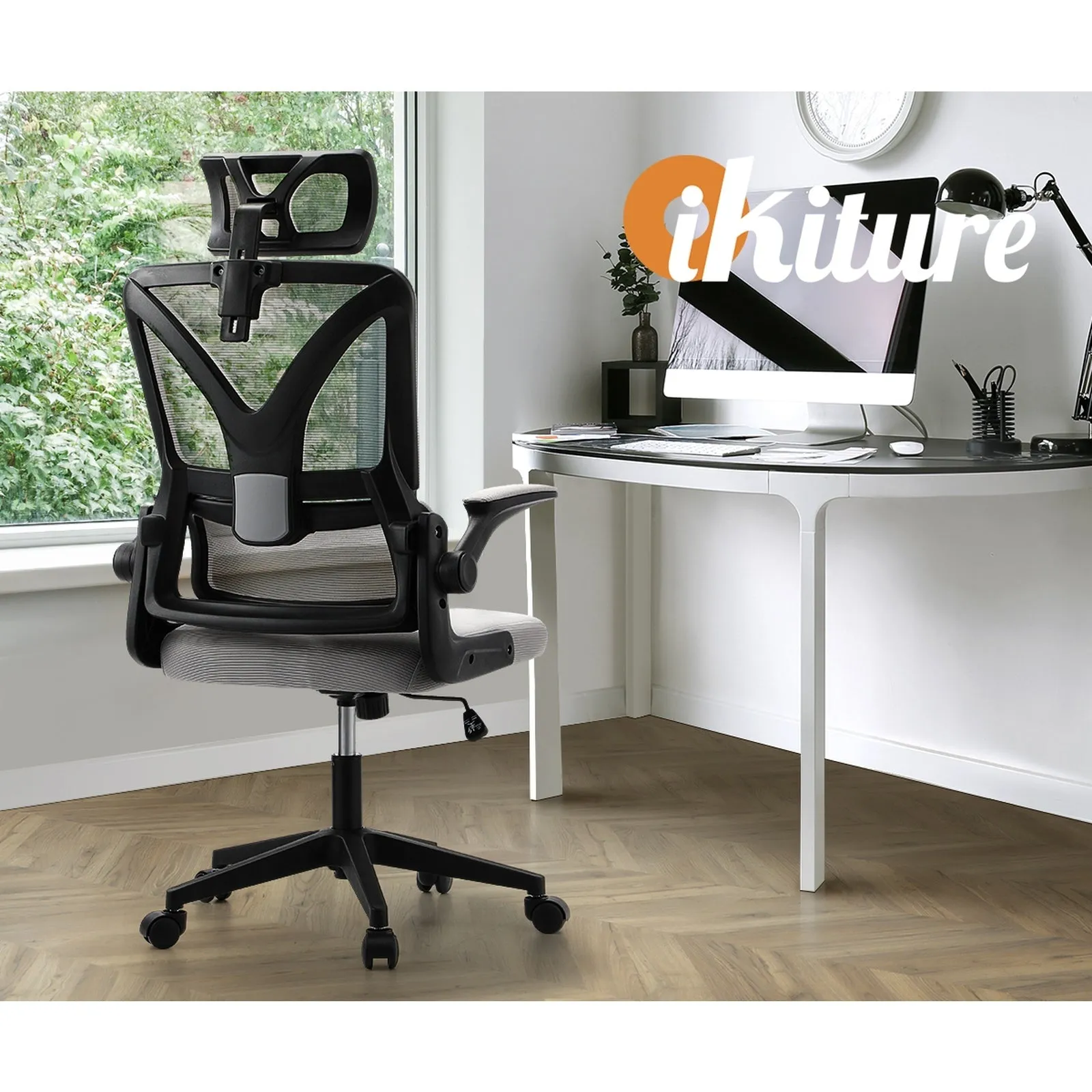 Oikiture Mesh Office Chair Adjustable Lumbar Support Reclining D-Shape BK&GY