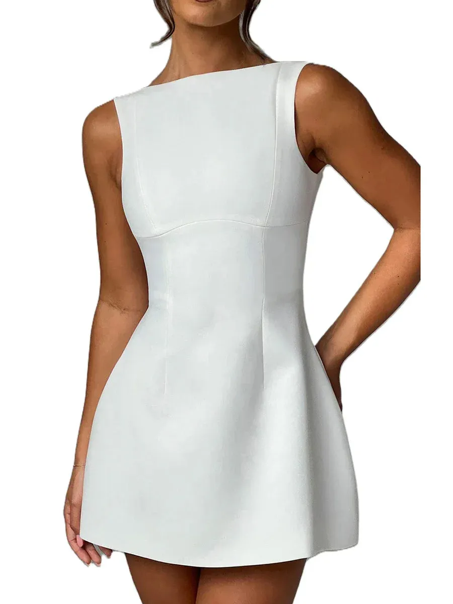 Open Back Solid Color Simple Backless Versatility Above Knee Party Daily Casual Sleeveless Dress