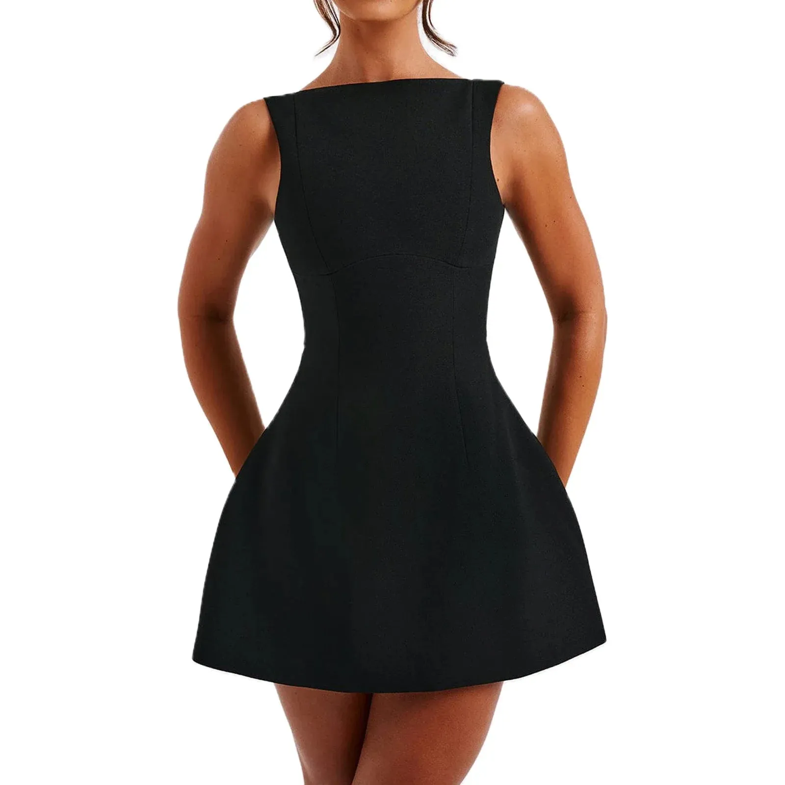 Open Back Solid Color Simple Backless Versatility Above Knee Party Daily Casual Sleeveless Dress