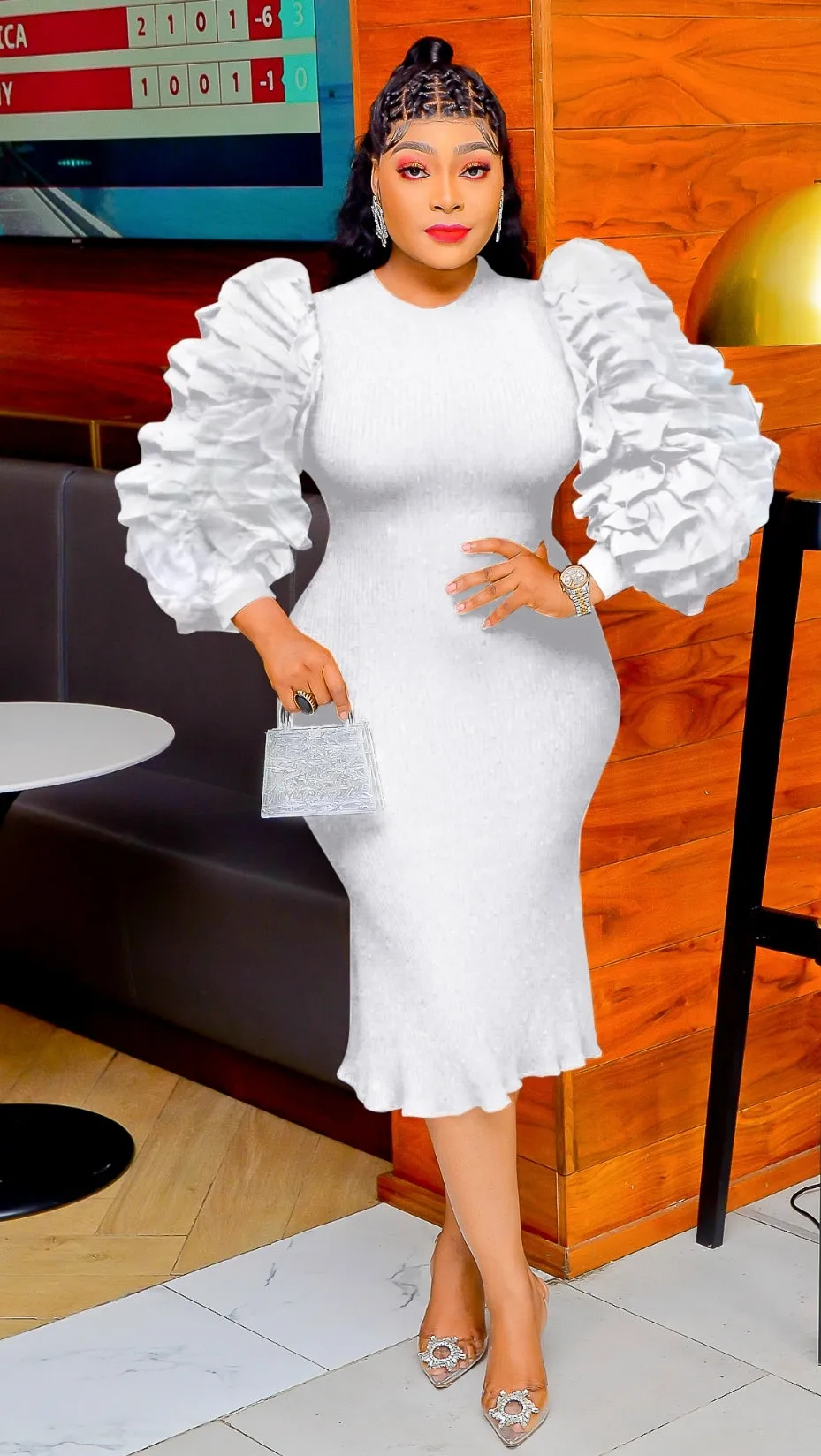 Opulent Ruffles- Puff Lantern Sleeve Sweater Dress (New)