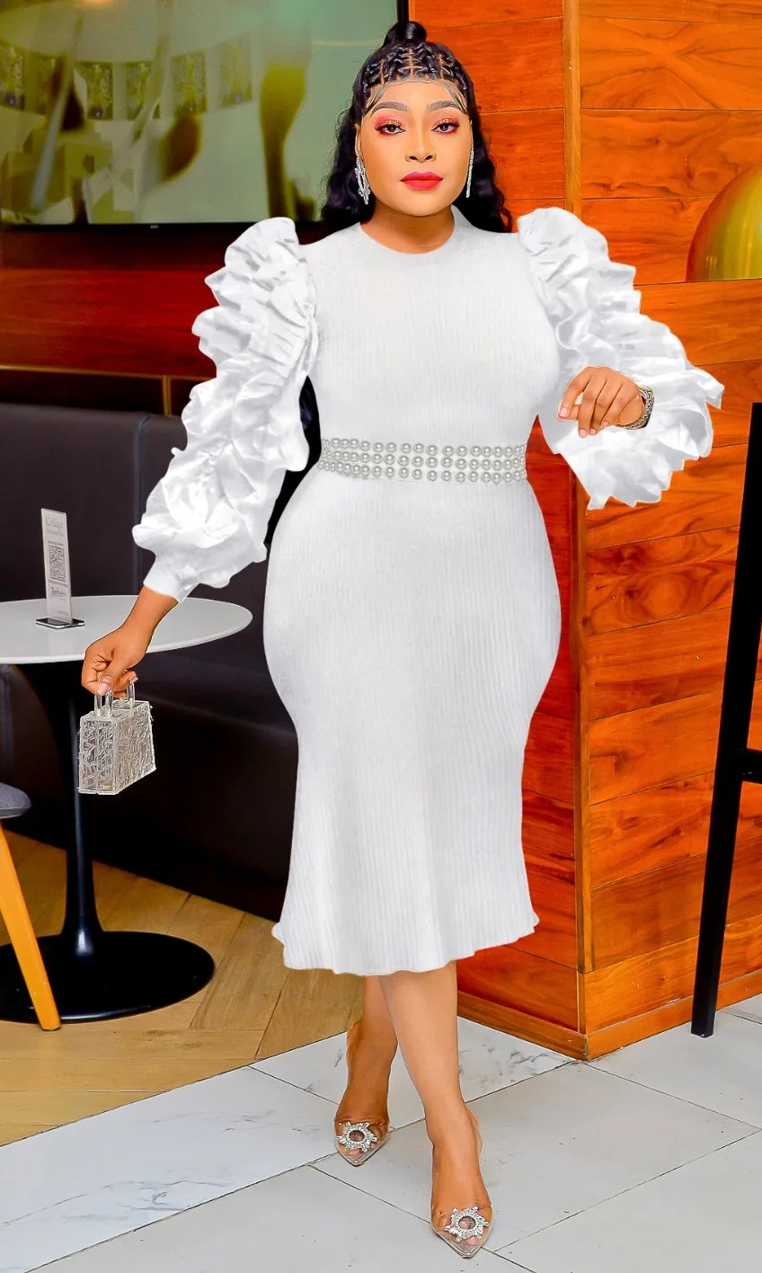 Opulent Ruffles- Puff Lantern Sleeve Sweater Dress (New)