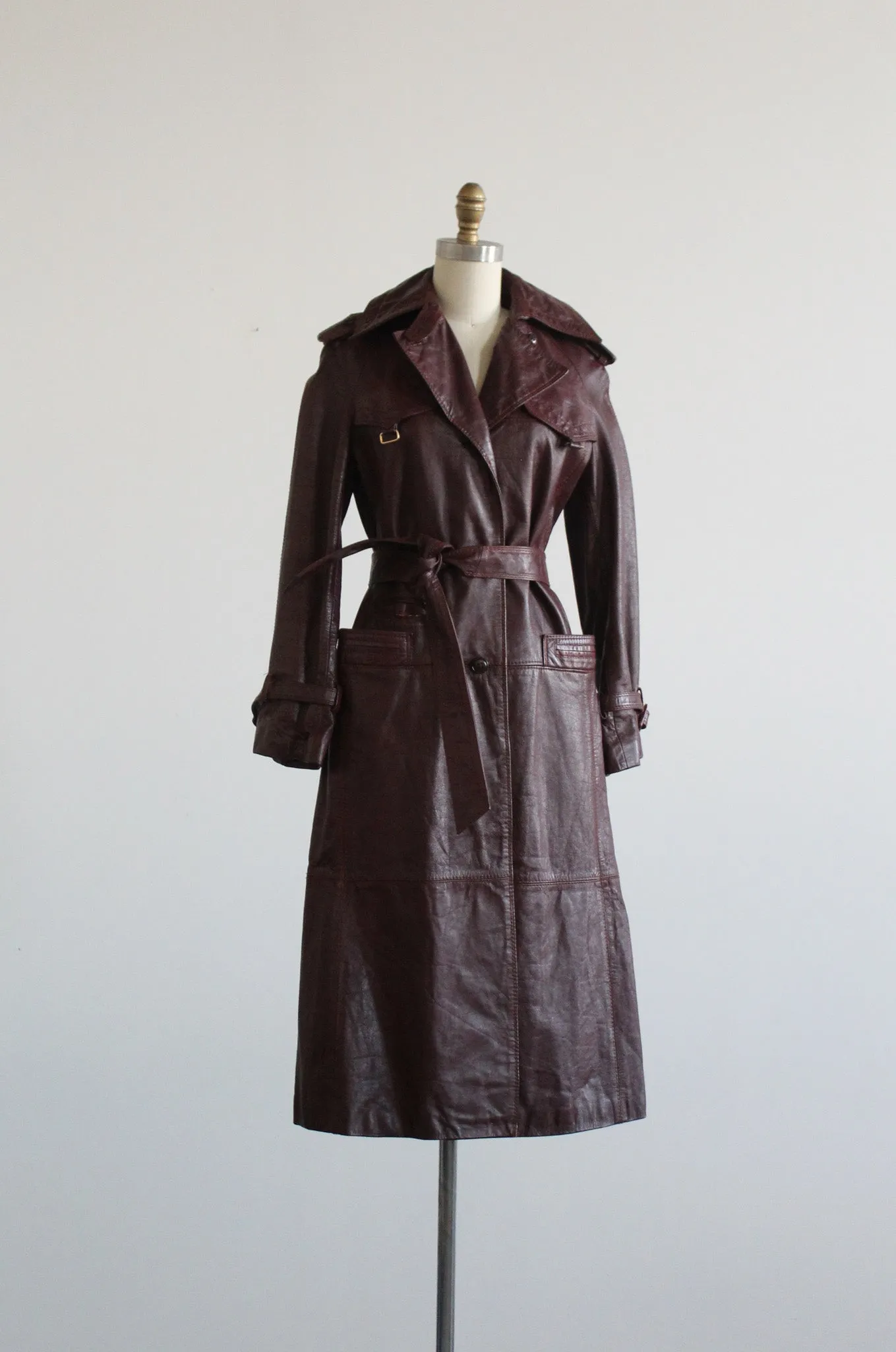 oxblood leather trench