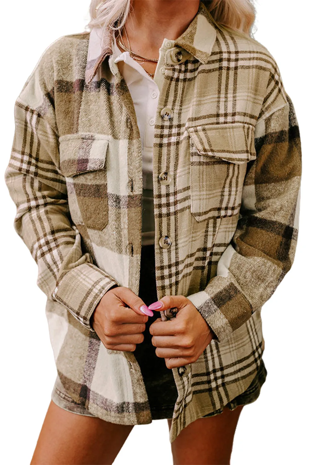 Parchment Contrast Plaid Patchwork Flap Pocket Shacket