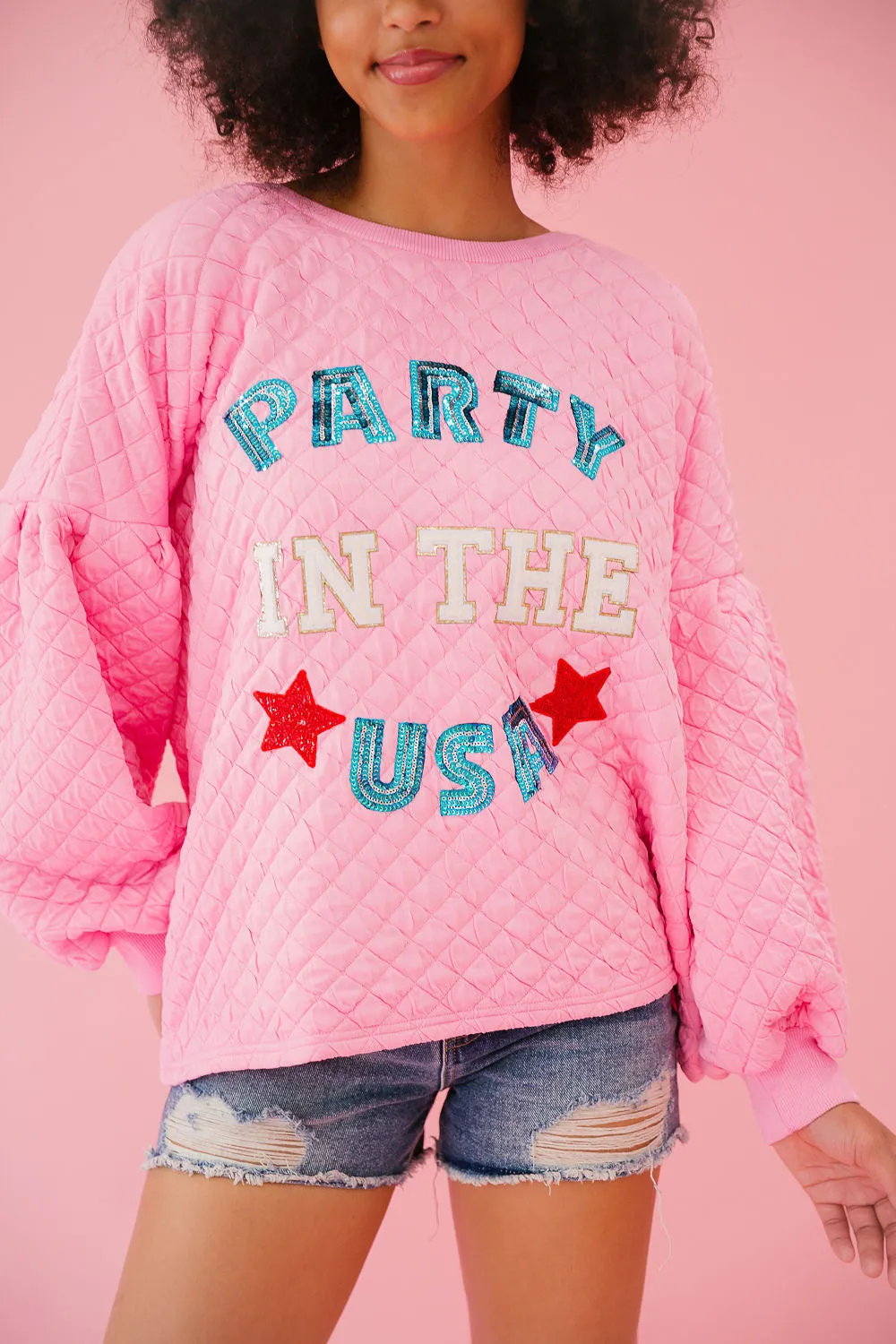 PARTY IN THE USA PINK QUILTED PULLOVER