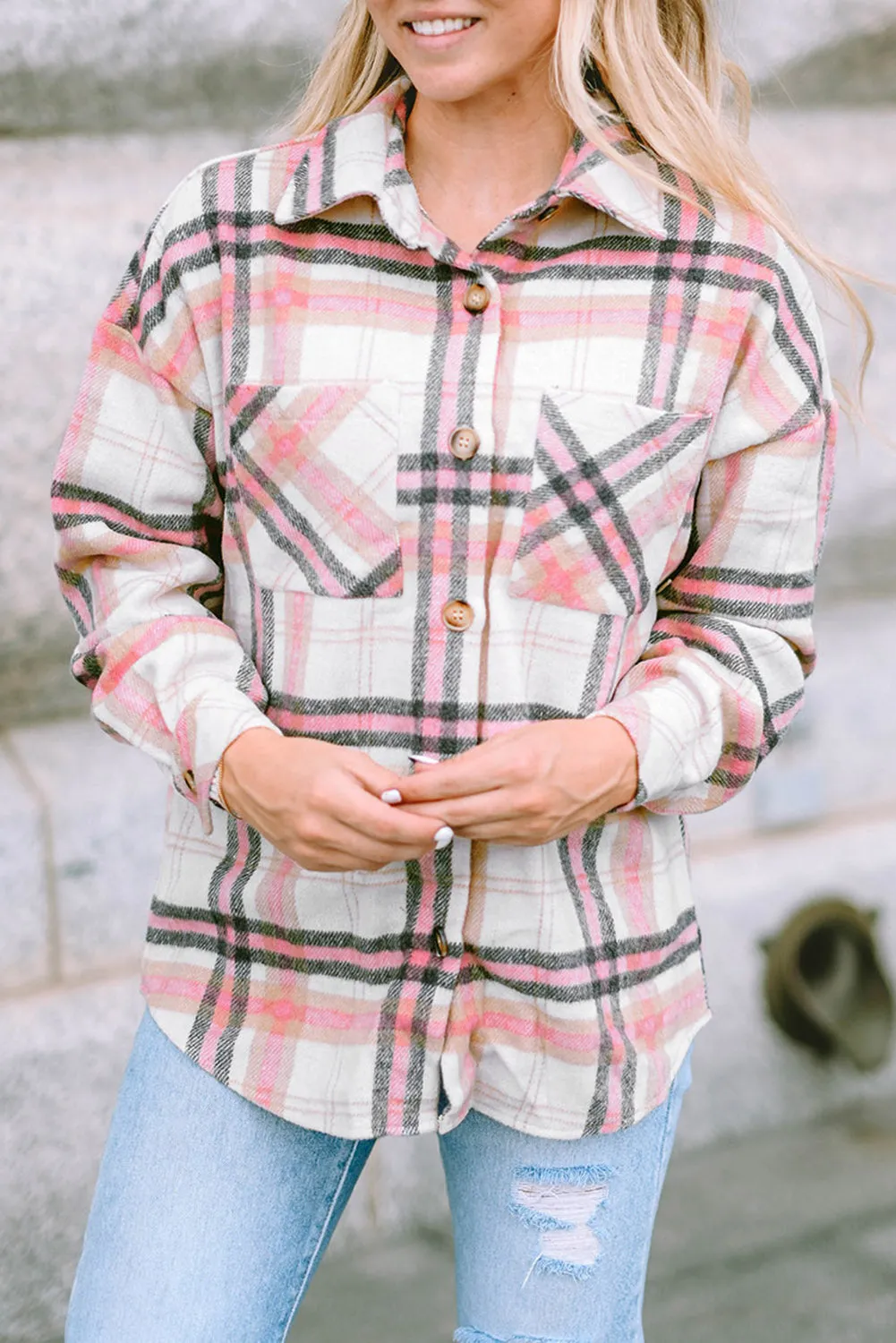 Pink Plaid Button Front Chest Pocket Shacket