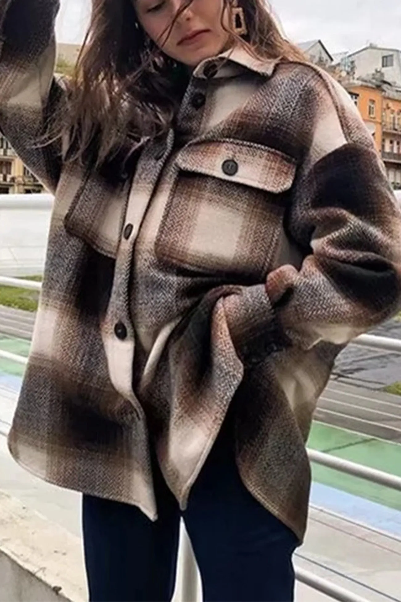 Plaid Lapel Pocket Long Sleeve Shacket