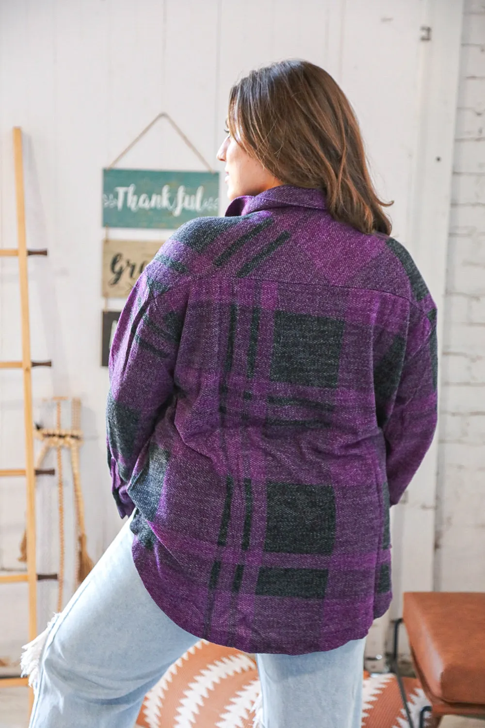 Plum Terry Jacquard Plaid Button-Up Shacket