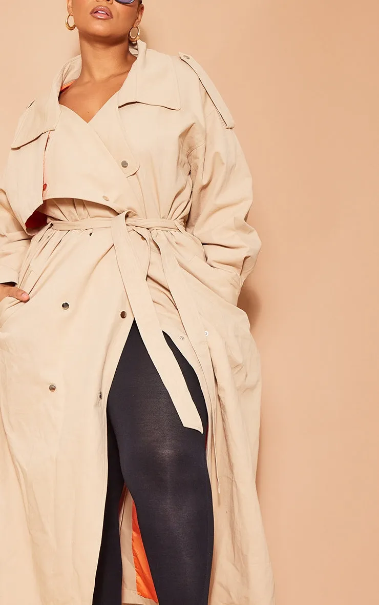 Plus Light Khaki Popper Detail Trench Coat