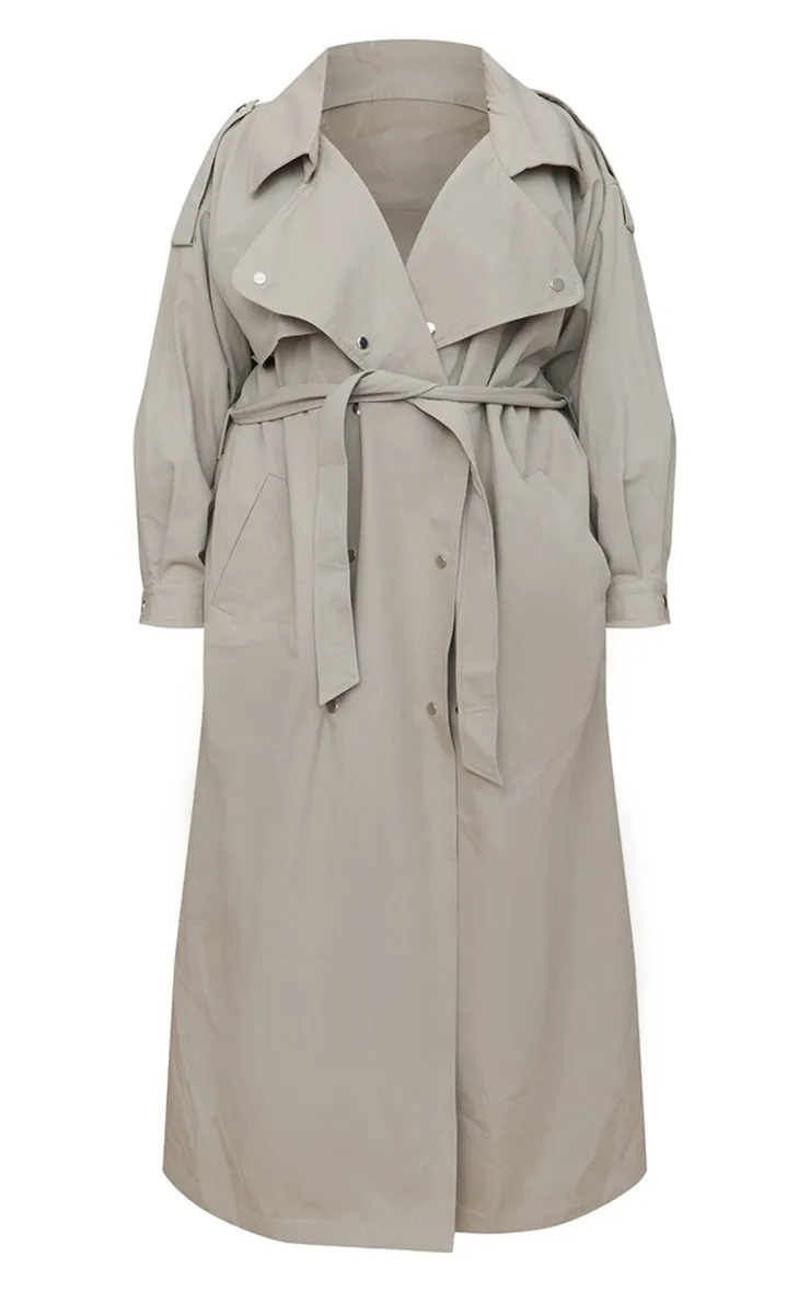 Plus Light Khaki Popper Detail Trench Coat