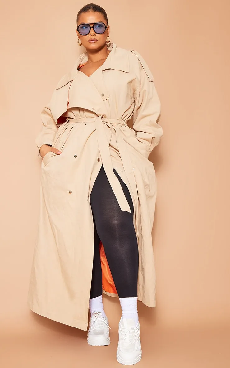 Plus Light Khaki Popper Detail Trench Coat