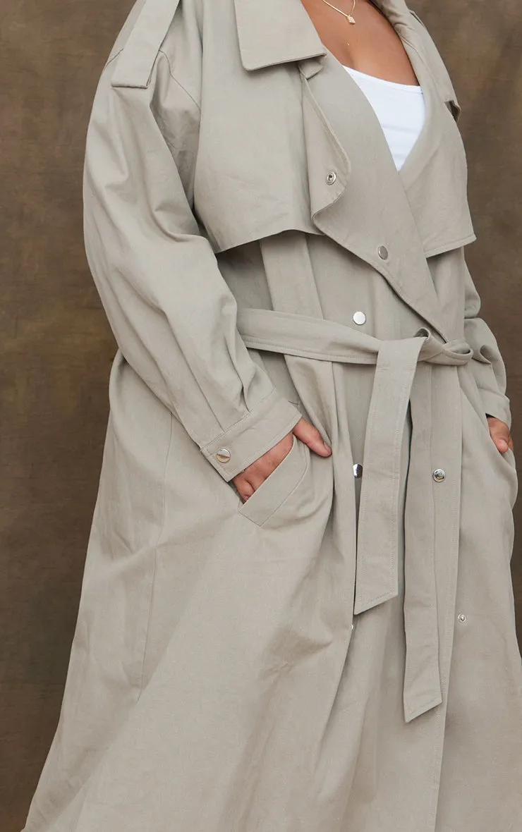 Plus Light Khaki Popper Detail Trench Coat