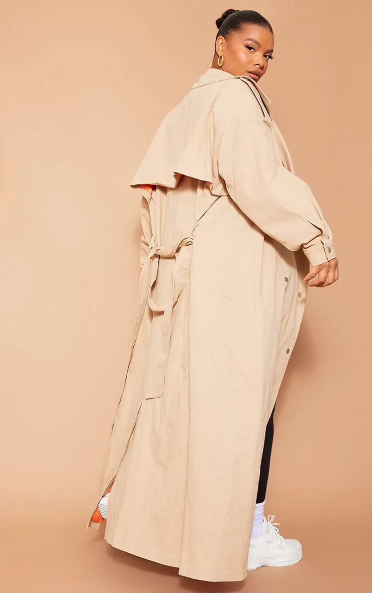 Plus Light Khaki Popper Detail Trench Coat