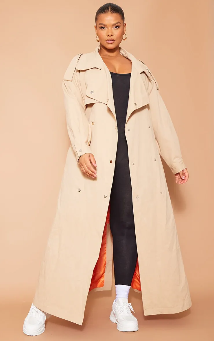 Plus Light Khaki Popper Detail Trench Coat