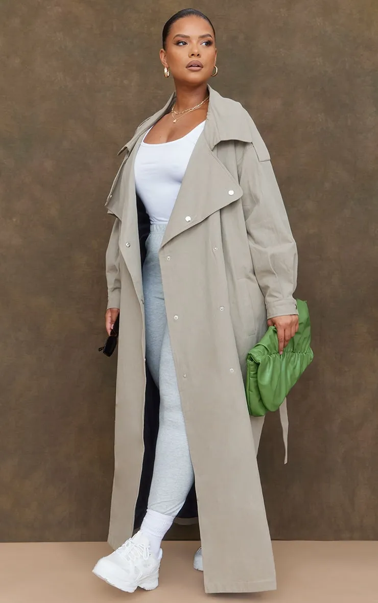 Plus Light Khaki Popper Detail Trench Coat