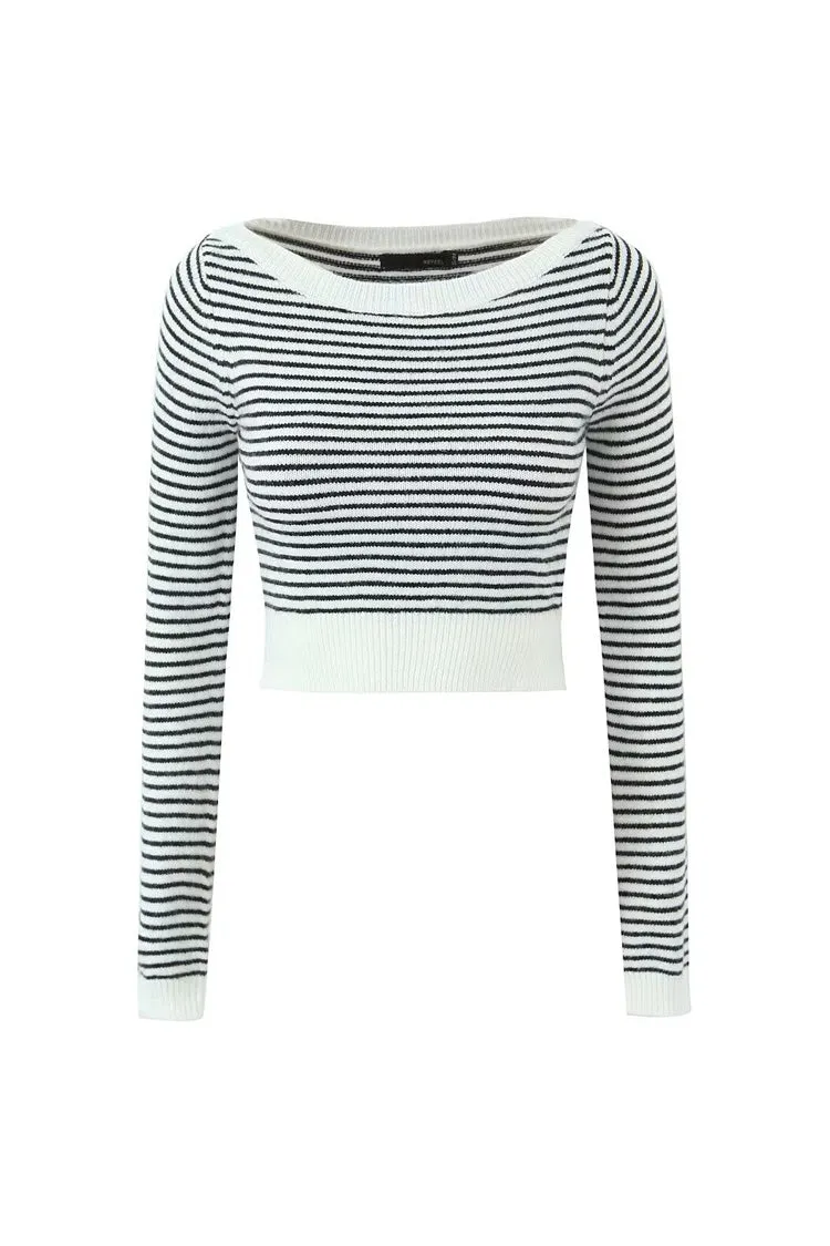 Preppy Boat Neck Contrast Black and White Striped Rib Knit Cropped Sweater