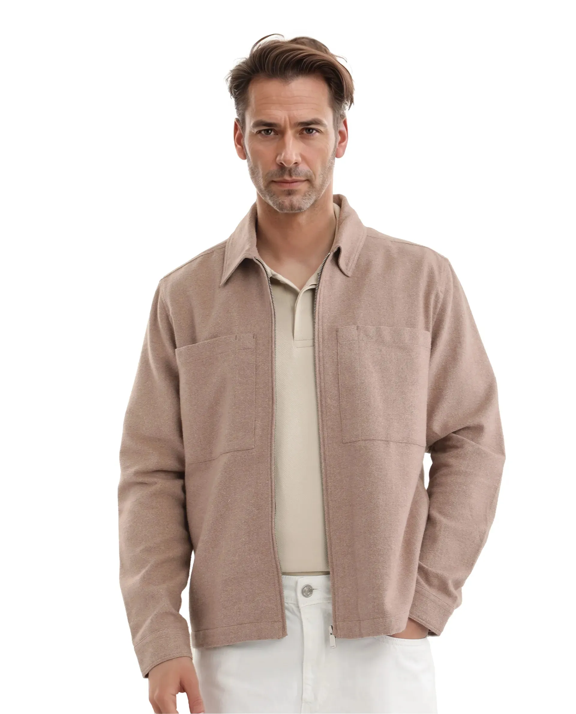 Rare Rabbit Men's Kaai Peach Polyester Nylon Fabric Full Sleeve Plain Shacket