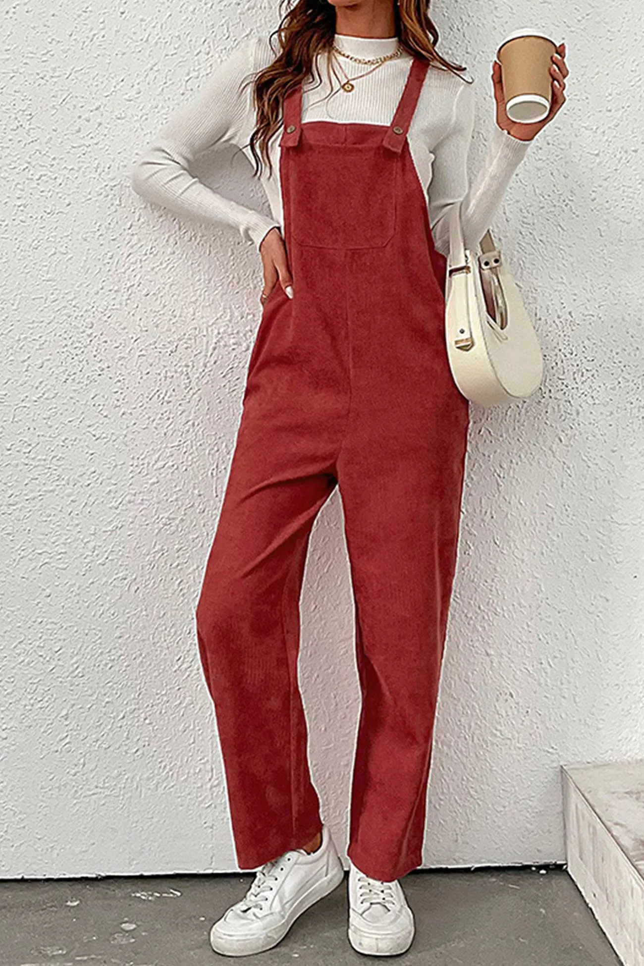 Red Corduroy Loose Jumpsuits