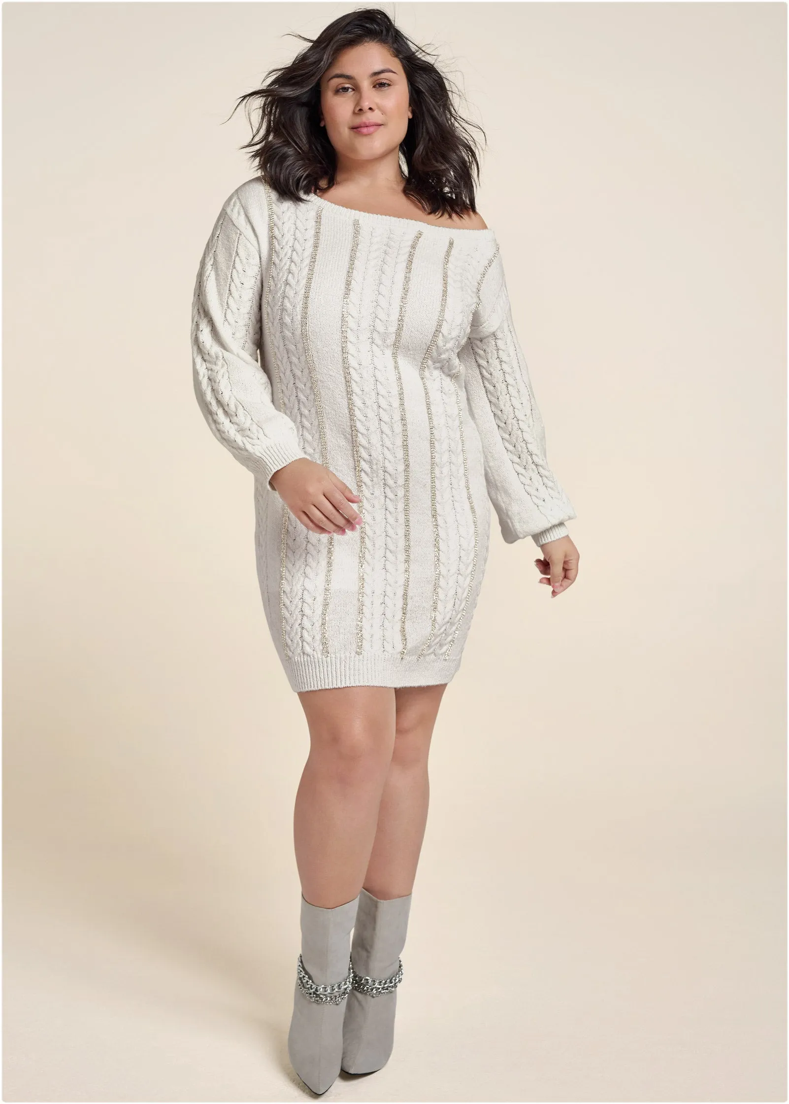 Rhinestone Embellished Sweater Dress  - Off White