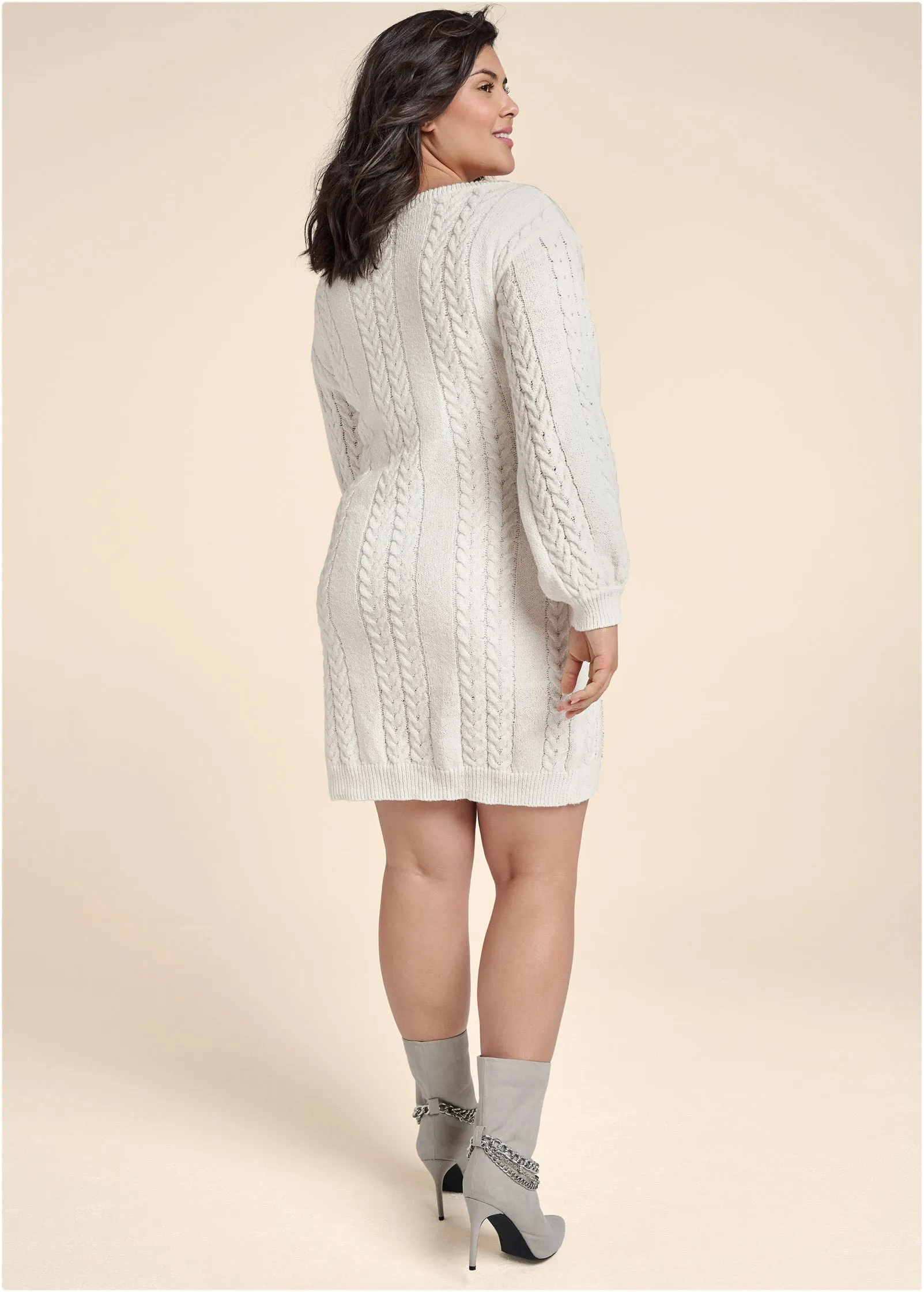 Rhinestone Embellished Sweater Dress  - Off White