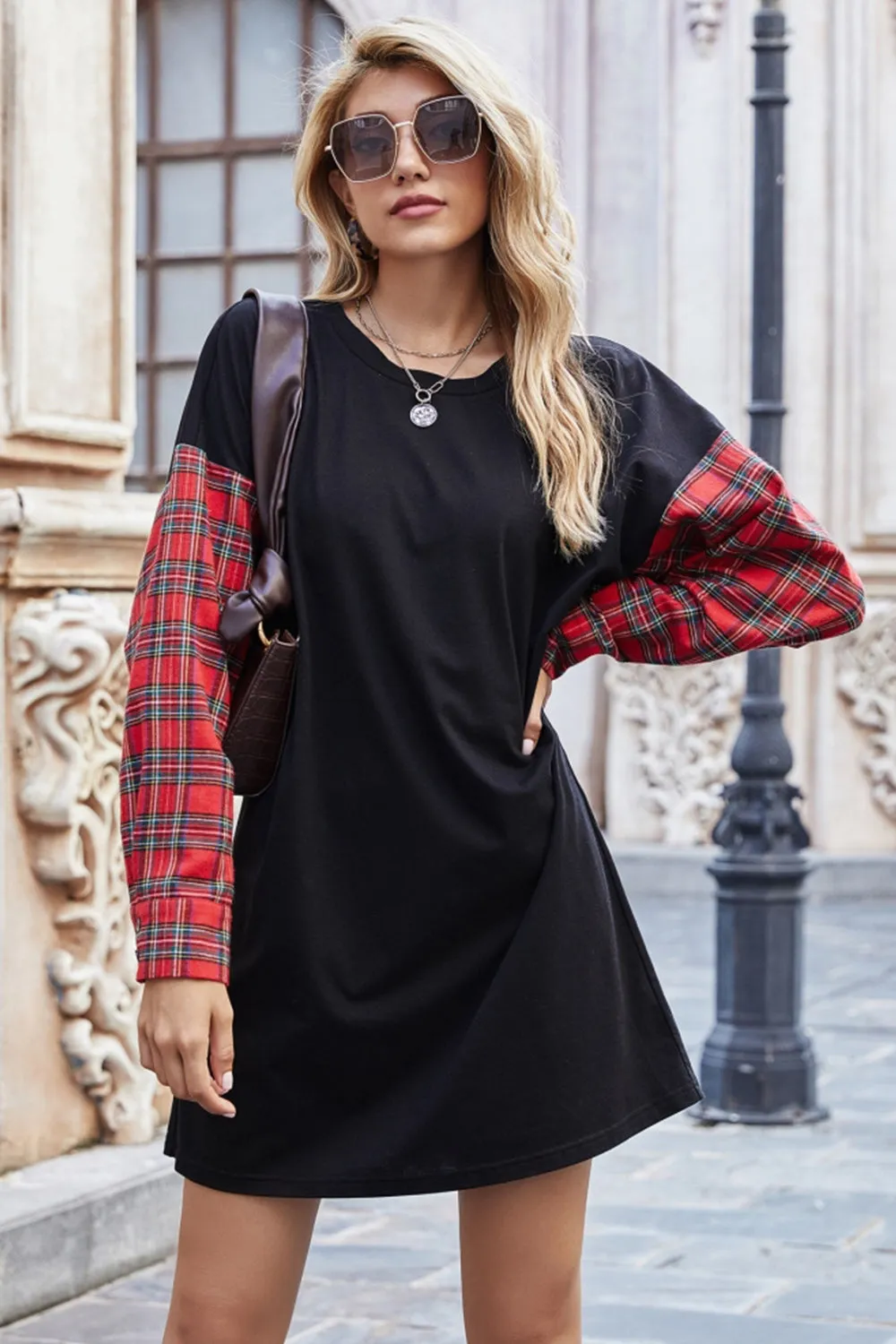 Round Neck Stitching Plaid Sweater Dress