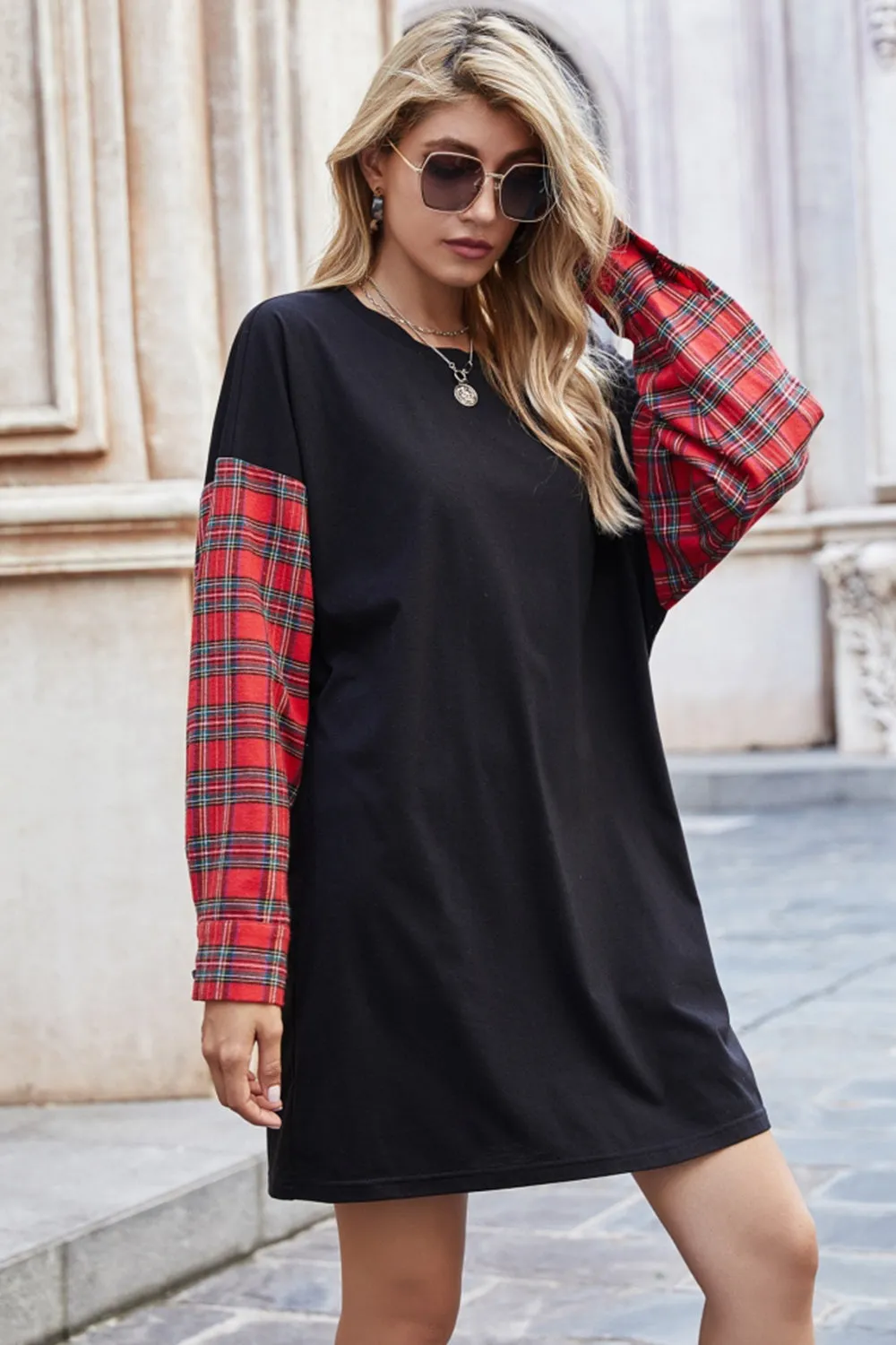 Round Neck Stitching Plaid Sweater Dress