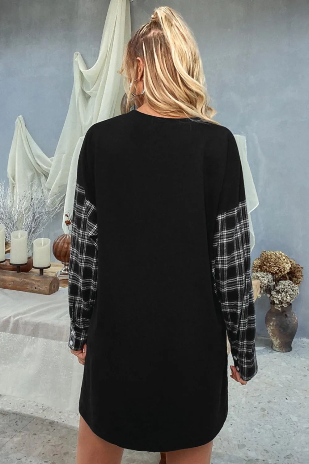 Round Neck Stitching Plaid Sweater Dress