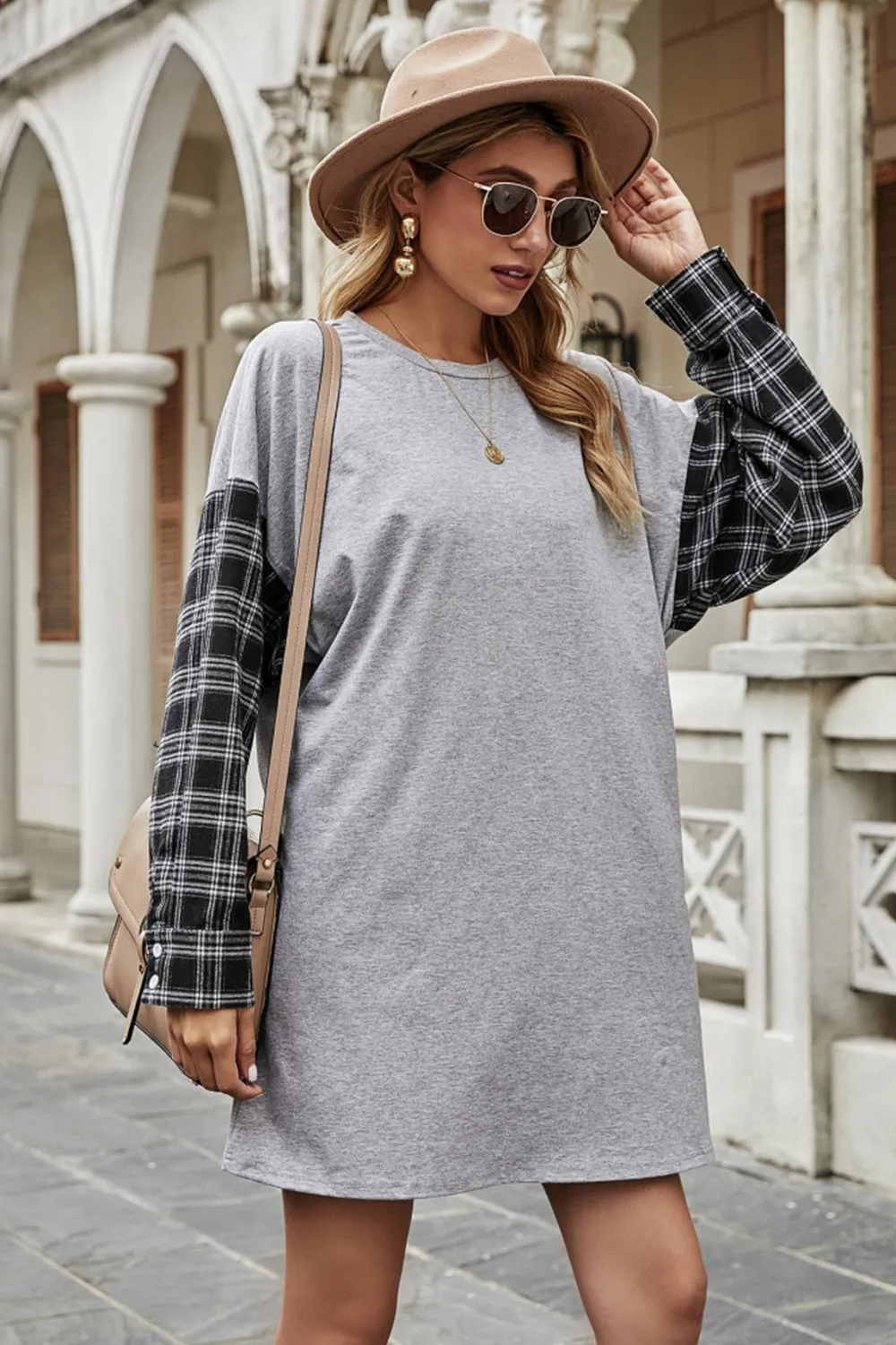 Round Neck Stitching Plaid Sweater Dress