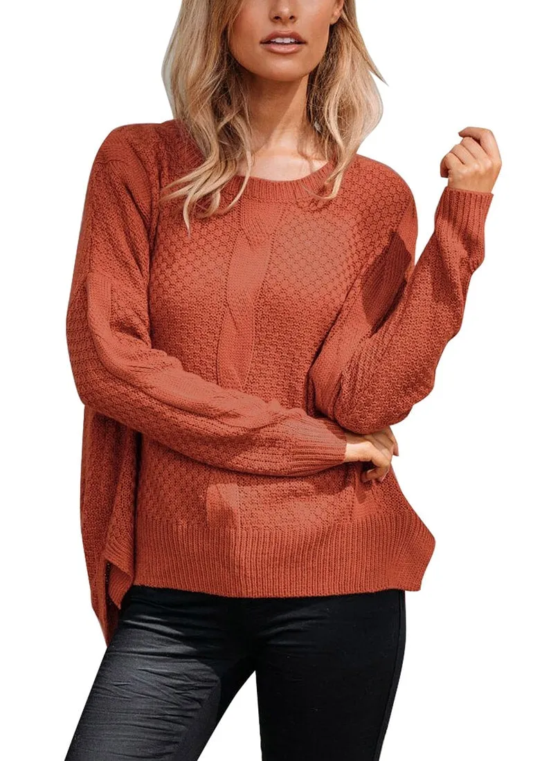 Rust Red Ribbed Knit Textured Side-Slit Sweater