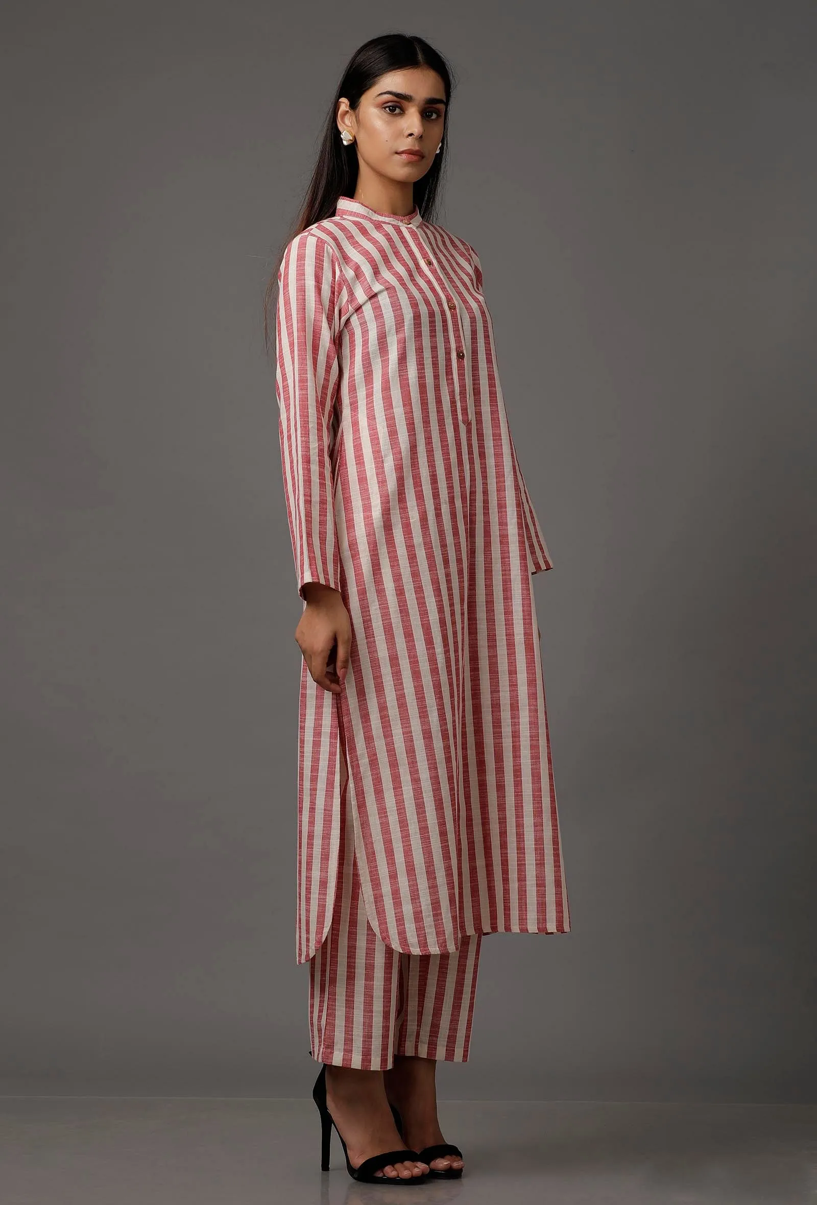 Set of 2: Red and White Stripes Pure Woven Cotton Kurta and Pants