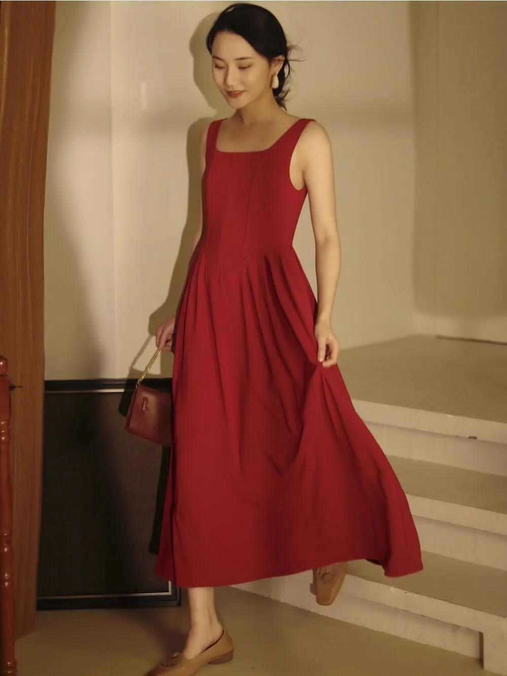 Simple Burgundy 50s tea length Dress