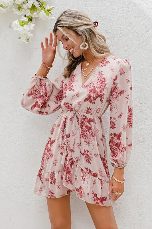 Simple Deep V-neck Print Dress Spring Long Sleeve Lace-up Women Dress