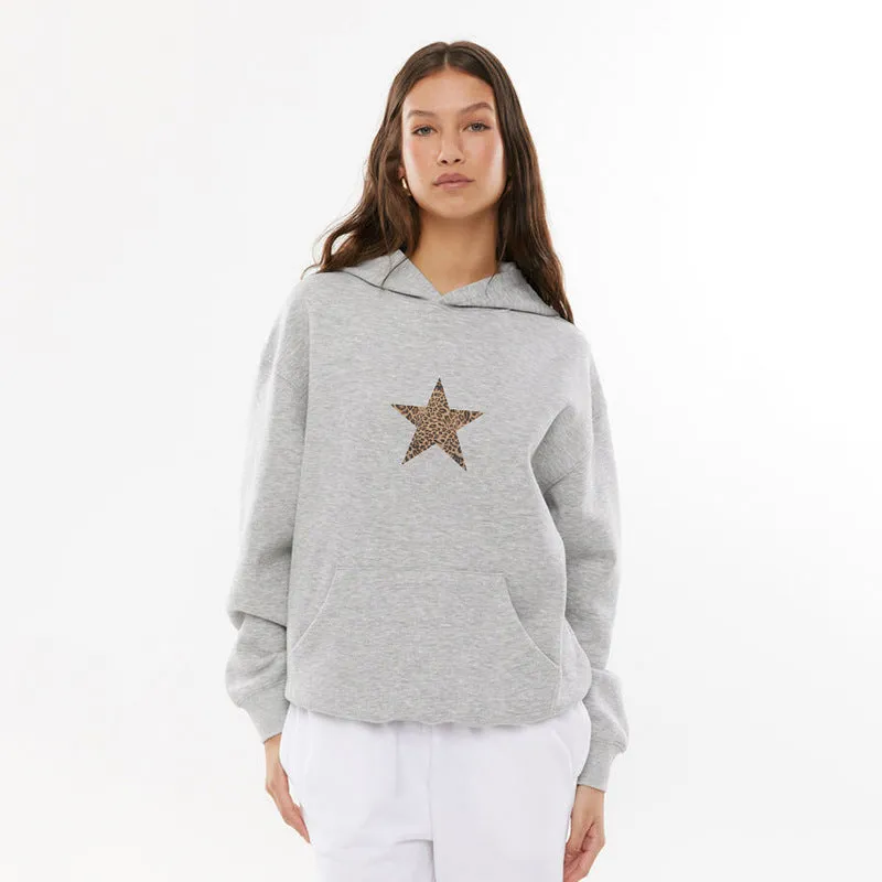 Simple Gray Leopard Print Five Pointed Star Loose Hooded Sweater Girl Basic All Matching Autumn Winter Pullover Top