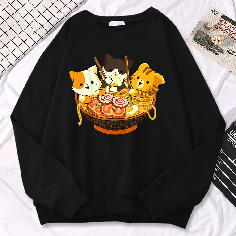 Simple Kawaii Sweatshirt For Women Anime Cats Eating Japanese Ramen Noodles Print Hoodies Loose Warm Pullover Crewneck Clothes