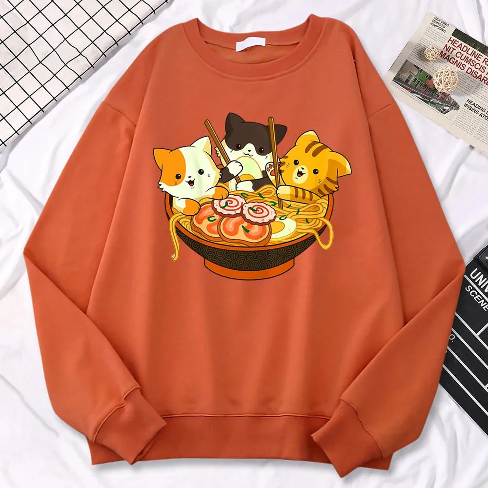 Simple Kawaii Sweatshirt For Women Anime Cats Eating Japanese Ramen Noodles Print Hoodies Loose Warm Pullover Crewneck Clothes