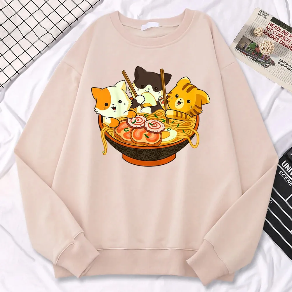 Simple Kawaii Sweatshirt For Women Anime Cats Eating Japanese Ramen Noodles Print Hoodies Loose Warm Pullover Crewneck Clothes