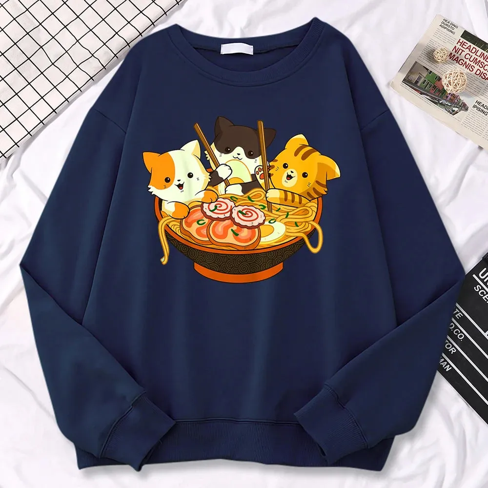 Simple Kawaii Sweatshirt For Women Anime Cats Eating Japanese Ramen Noodles Print Hoodies Loose Warm Pullover Crewneck Clothes