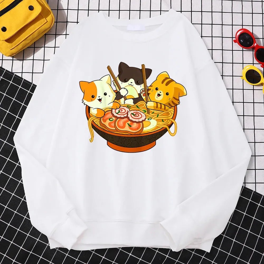 Simple Kawaii Sweatshirt For Women Anime Cats Eating Japanese Ramen Noodles Print Hoodies Loose Warm Pullover Crewneck Clothes