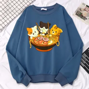 Simple Kawaii Sweatshirt For Women Anime Cats Eating Japanese Ramen Noodles Print Hoodies Loose Warm Pullover Crewneck Clothes