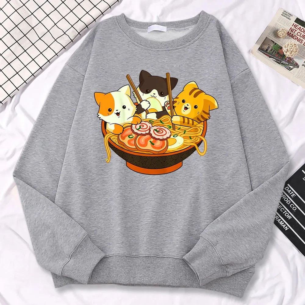 Simple Kawaii Sweatshirt For Women Anime Cats Eating Japanese Ramen Noodles Print Hoodies Loose Warm Pullover Crewneck Clothes