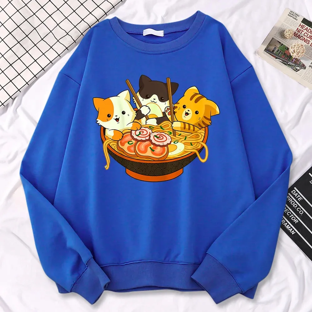 Simple Kawaii Sweatshirt For Women Anime Cats Eating Japanese Ramen Noodles Print Hoodies Loose Warm Pullover Crewneck Clothes