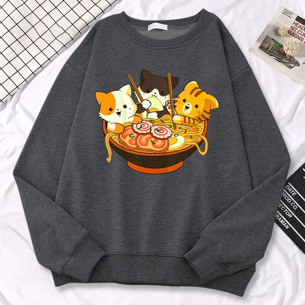 Simple Kawaii Sweatshirt For Women Anime Cats Eating Japanese Ramen Noodles Print Hoodies Loose Warm Pullover Crewneck Clothes