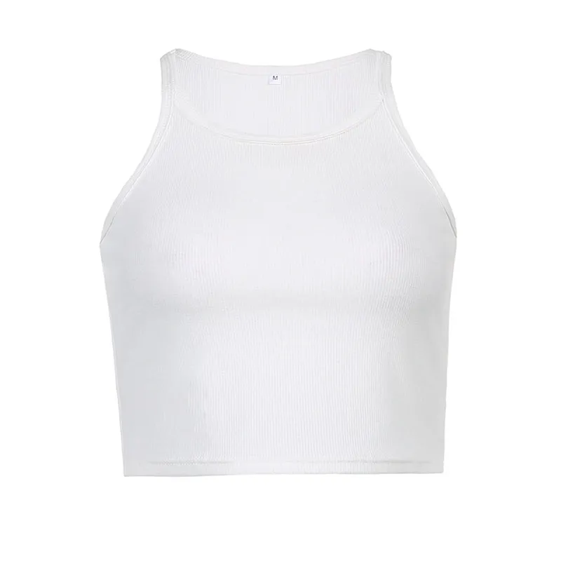 Simple Style Scoop Neck Rib Knit Crop Tank Top - White